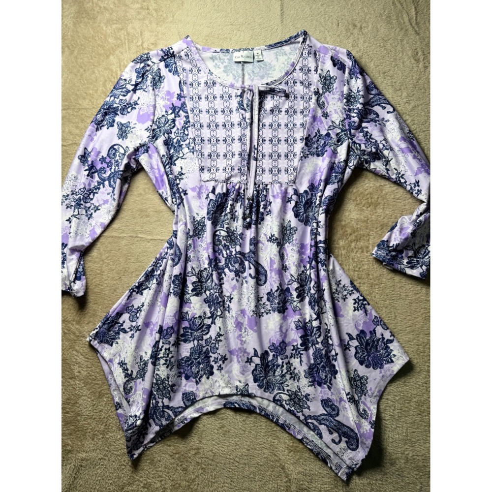 Kim Rogers Purple Floral Sharkbite Hem Tunic Top Long Sleeve Womens M Hippie